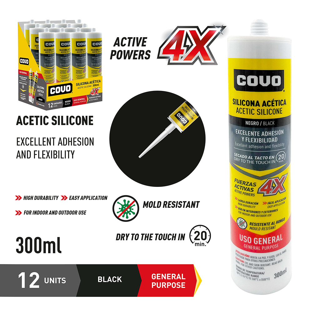 ACETIC SILICONE / BLACK / 300 ML / GENERAL PURPOSE / DRIES IN 20 MIN / 12 PIECES