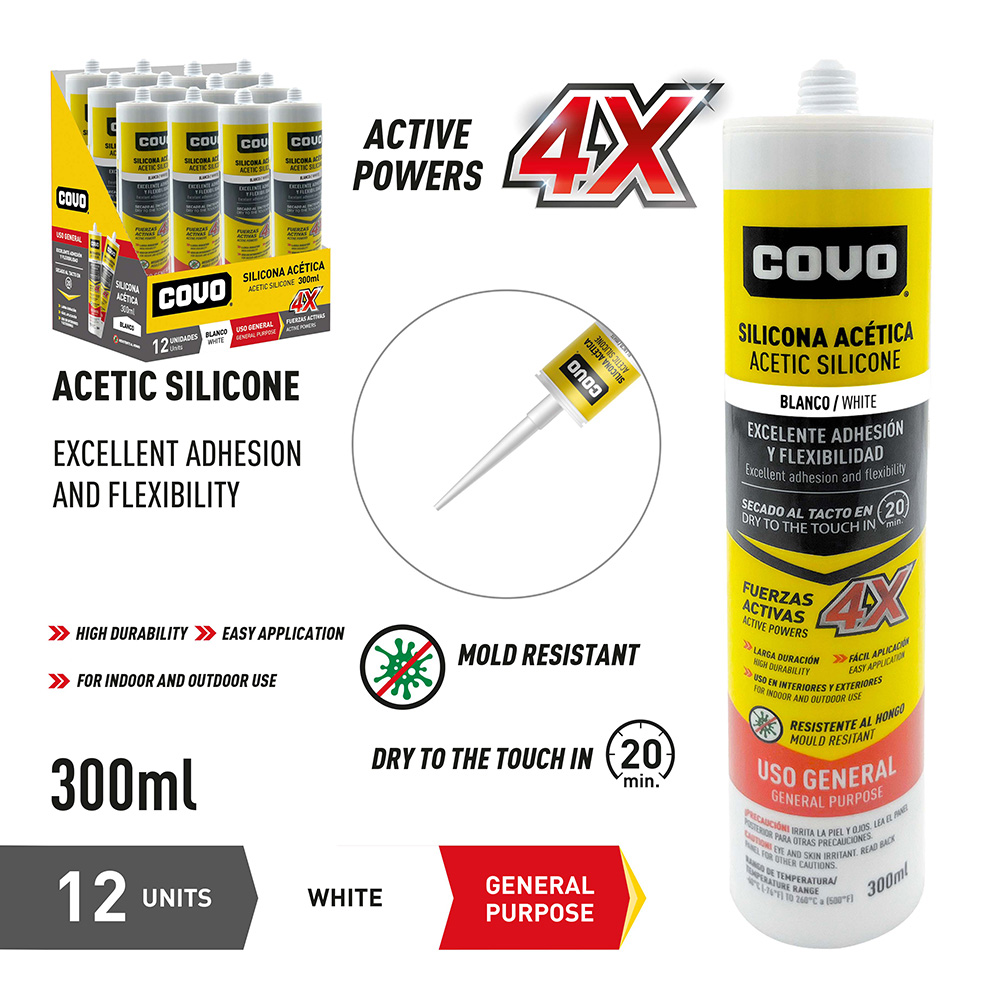 ACETIC SILICONE / WHITE / 300 ML / GENERAL PURPOSE / DRIES IN 20 MIN / 12 PIECES