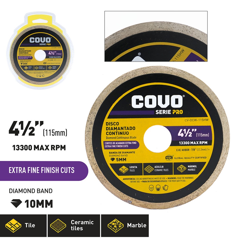 Continuous Rim Diamond Blade / For Fine Cutting / Wet / 1 Piece / 4-½" (115mm)