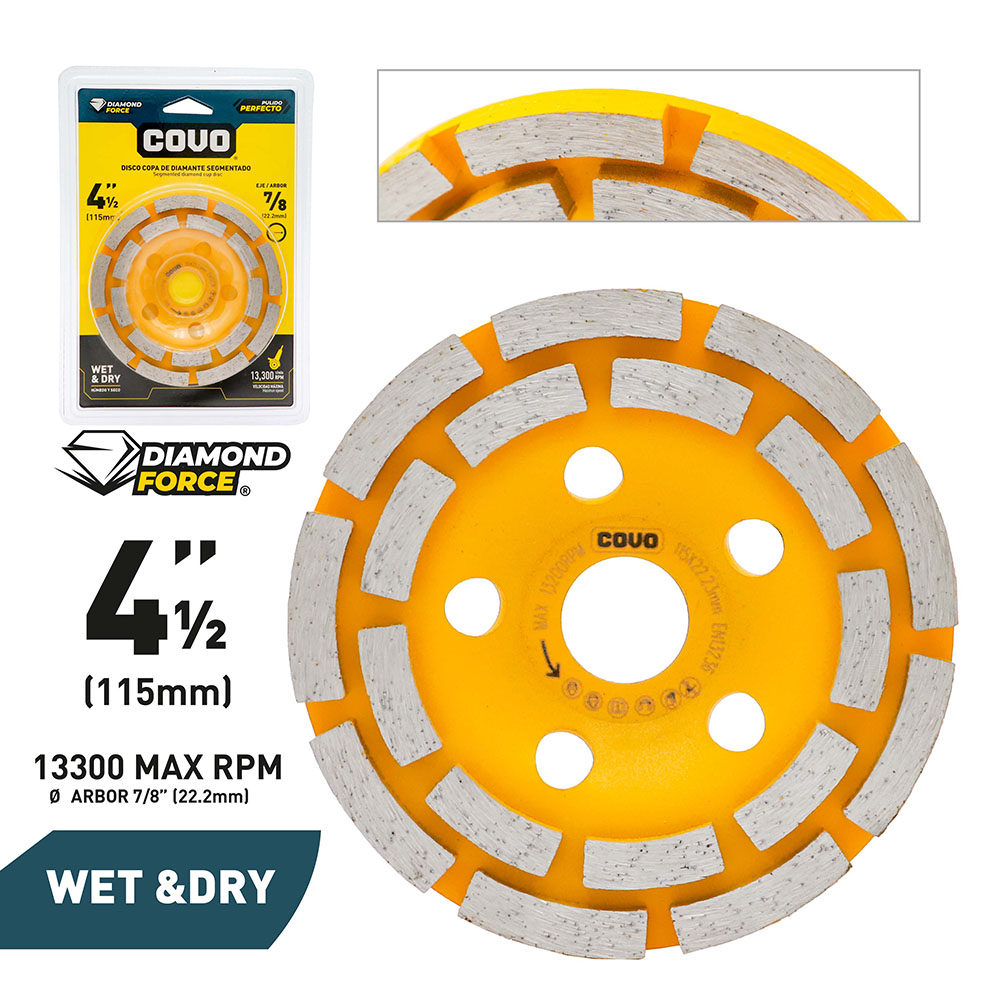 Segmented Diamond Cup Wheel / Concrete Grinding / Wet & Dry / 1 Piece / 4-1/2” (115mm)